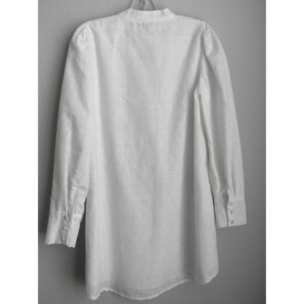 White Eyelet Tunic Shirt Dress Sz L Retro 3 Button Cuff NEW Office Casual Summer - Picture 2 of 8